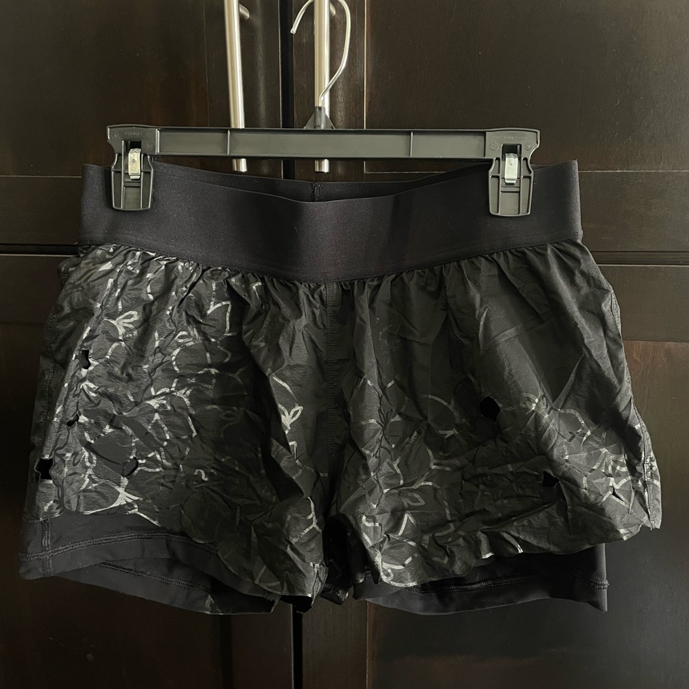 Lululemon bike shorts with floral overlay
